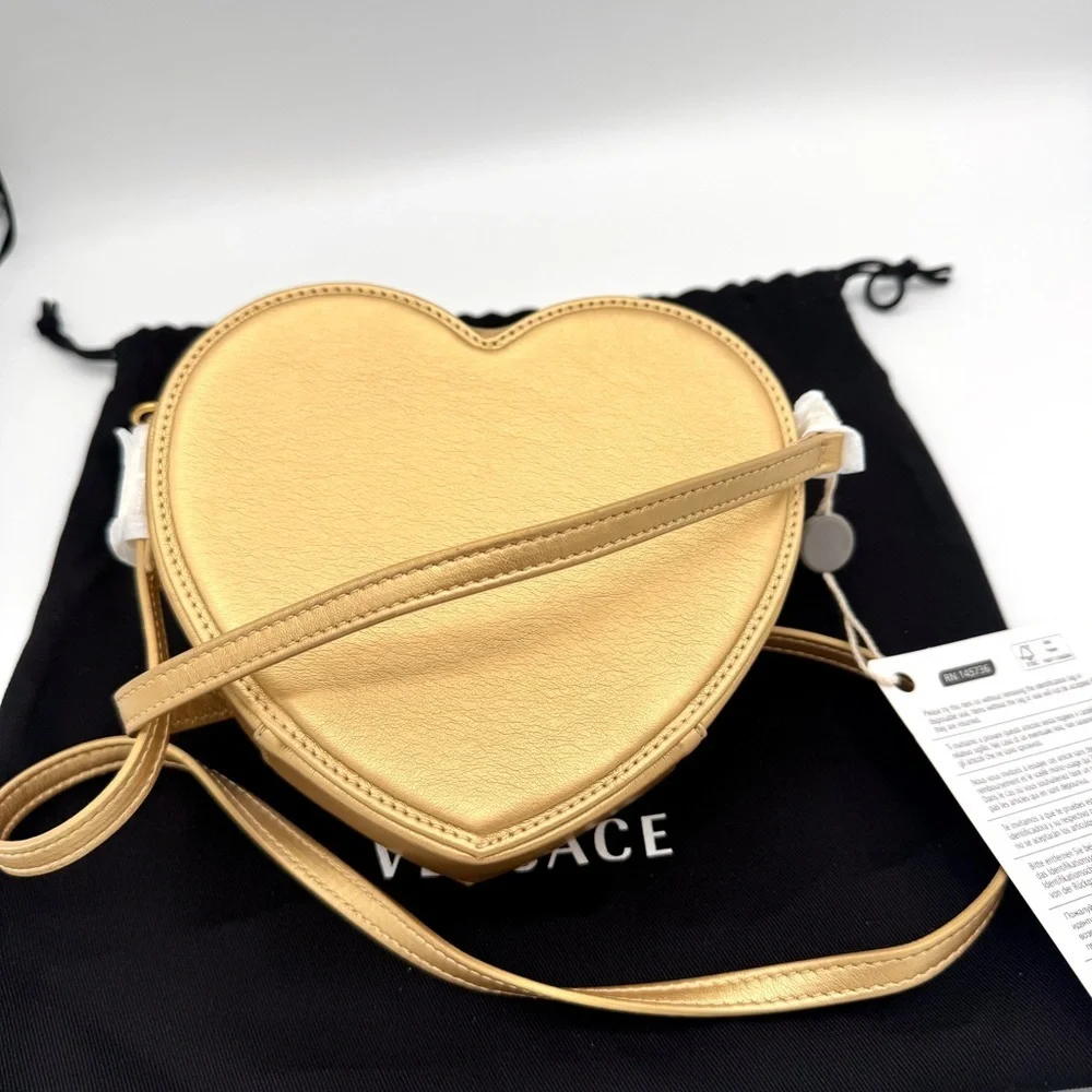 NWT Versace Heart Medusa Crossbody Strap Bag Gold Leather Kids Purse Logo Plaque